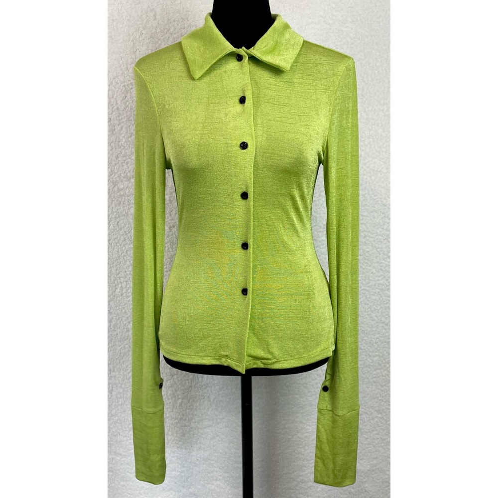 COMMENSE • Lime Green Exaggerated Long Sleeve Collared Button-Down Shirt, S - Picture 5 of 16